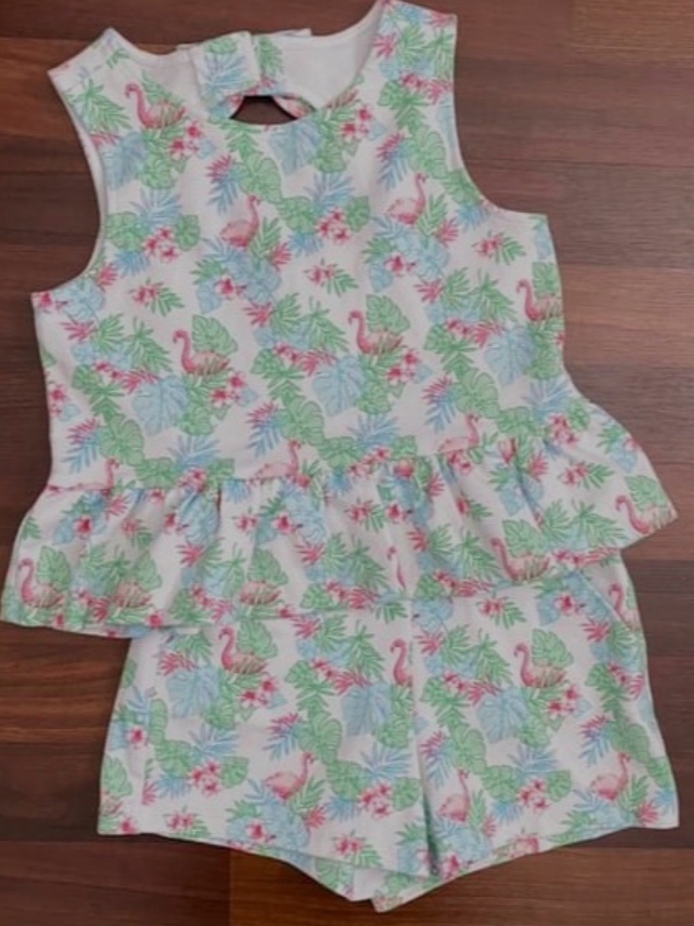Tropical Flamingo Peplum Top & Shorts Set - Pink, Green, Blue